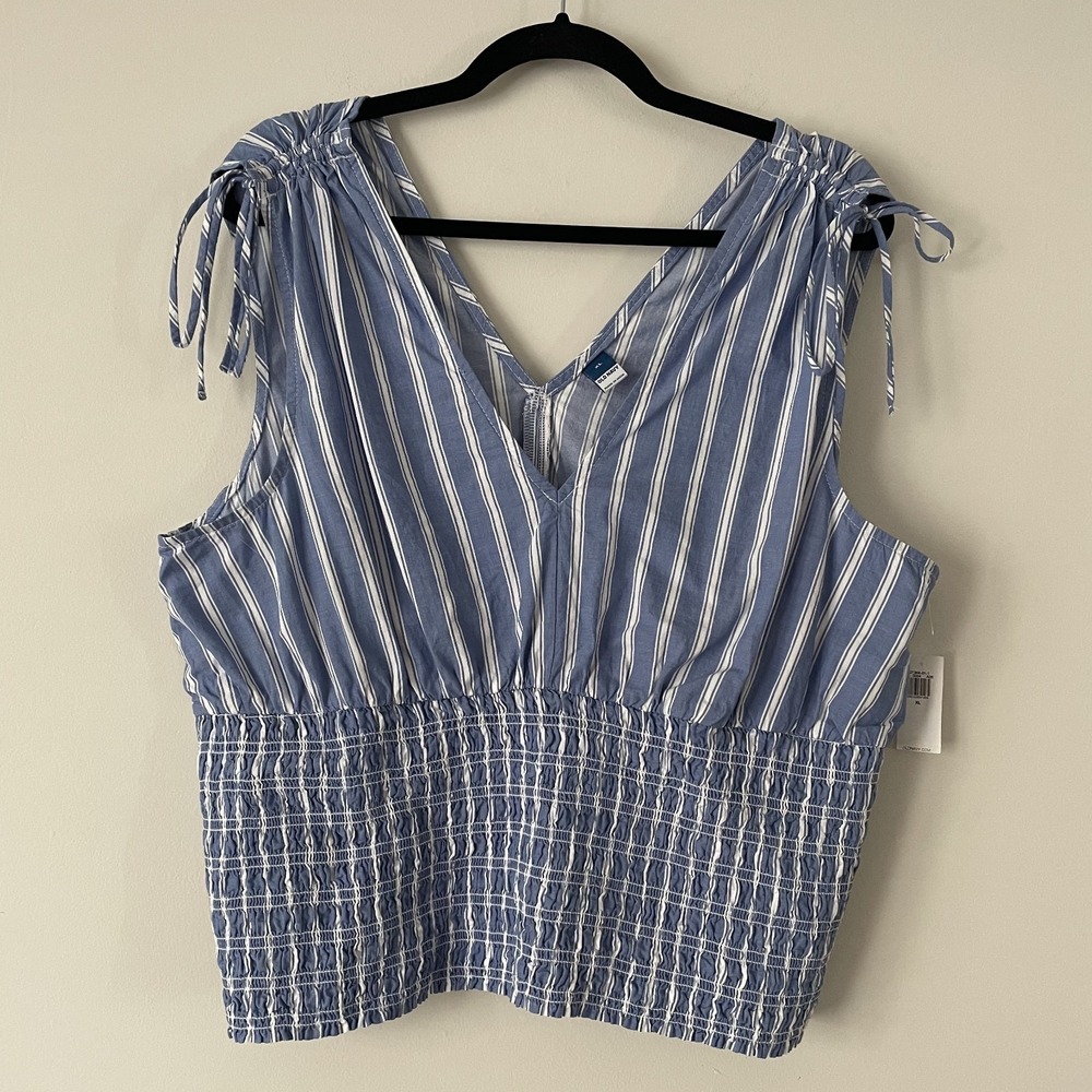NWT Old Navy Striped Smocked Waist Tank Blue XL Tie Sleeve Beachy‎ Coastal Boho